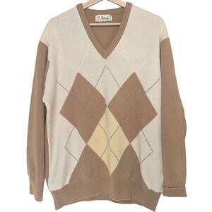 Vintage Pringle Argyle Lambswool Sweater‎ Made in Scotland Tan Cream Prep V-neck